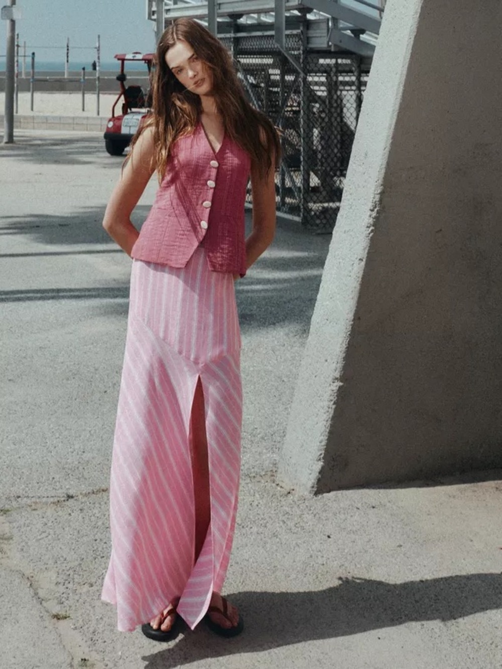 ZARA STRIPED LINEN MIDI SKIRT - Picture 1 of 11